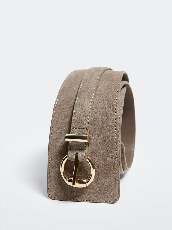 MNG Mango Wide Obi Leather Belt Taupe Gray Gold Buckle Waist Belt Size Small